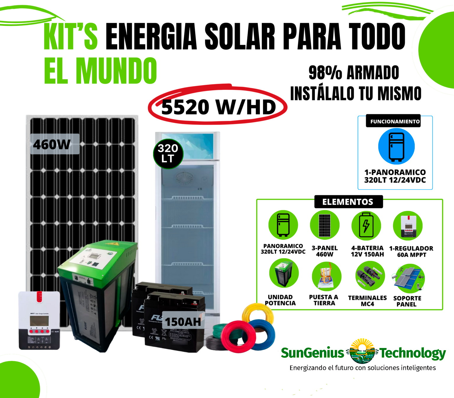 KIT REFRIGERADOR SOLAR PANORÁMICO VERTICAL 320 LTS